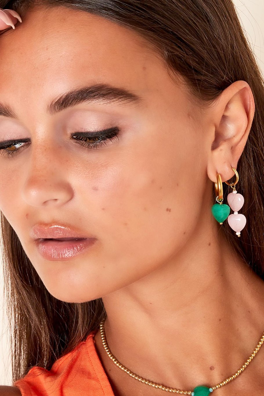 Pendientes doble corazón - colección #summergirls Verde &amp; Color dorado Acero inoxidable Imagen2